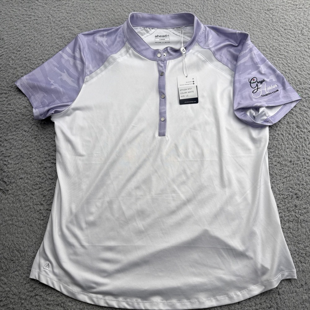 Ahead Performance Polo Golf Shirt Womens Large White Purple Camo Snaps KF21 NEW